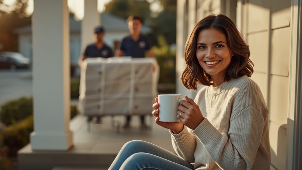 A smiling woman holds a mug on her front porch while two movers carry a wrapped piece of furniture up the path behind her