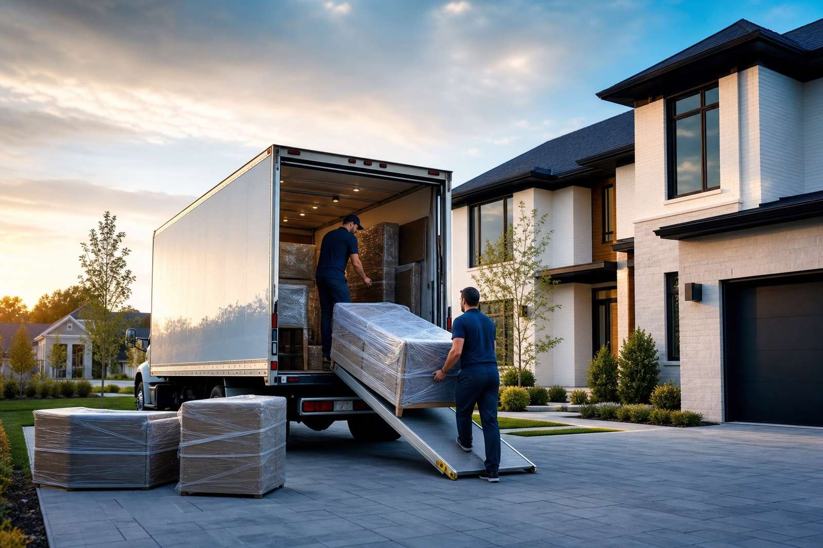 Moving crew loading a long-haul truck outside a home