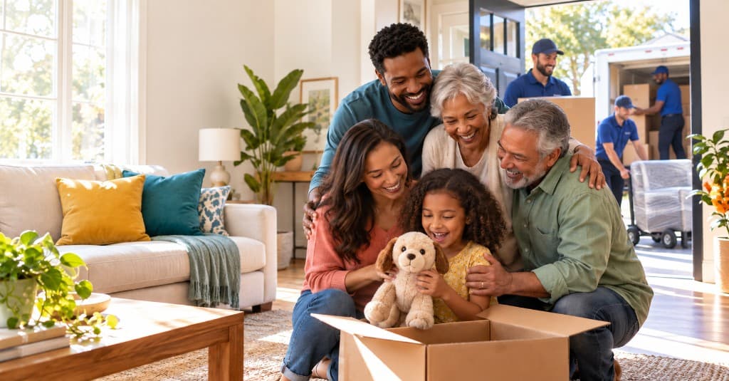 A family laughs together around an open packing box holding a teddy bear in a bright living room while movers bring furniture in behind them