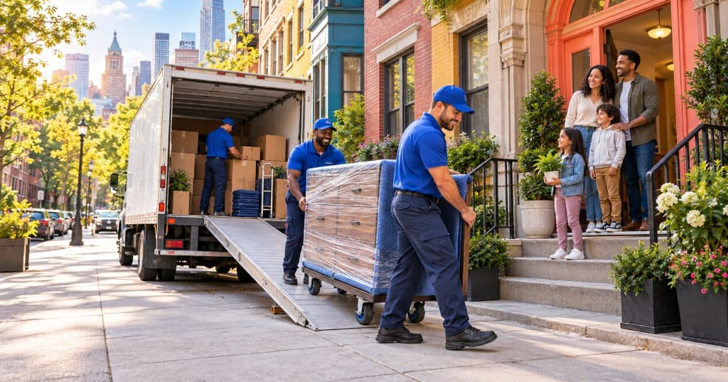 Movers wheel wrapped furniture on a dolly down a truck ramp on a colourful city street while a family watches from their front steps