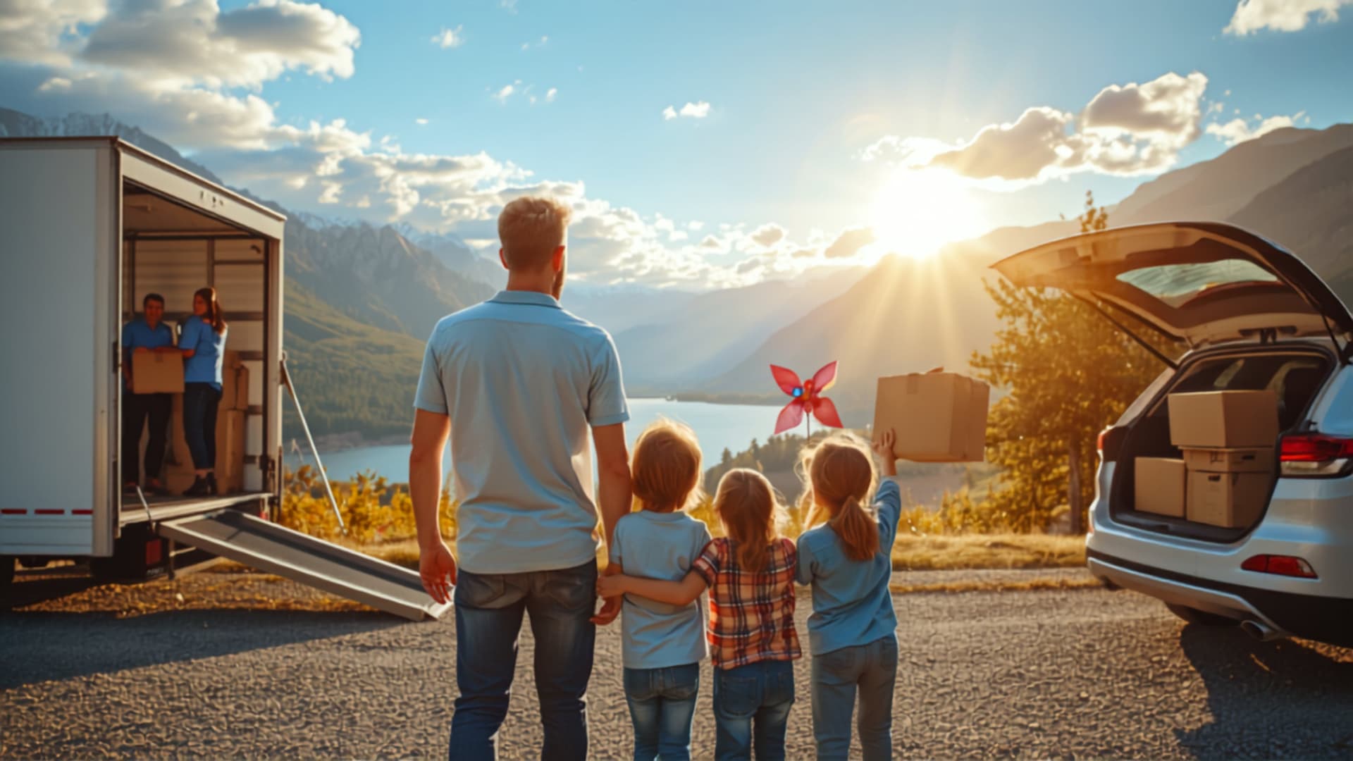 A family of four stand on the drive of their new home looking out over a sunlit valley while movers unload a truck behind them