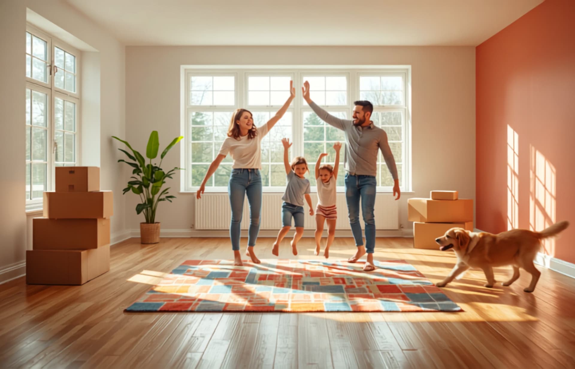 Two parents and two children high-five in a bright, almost empty new living room with boxes stacked behind them and a dog running past