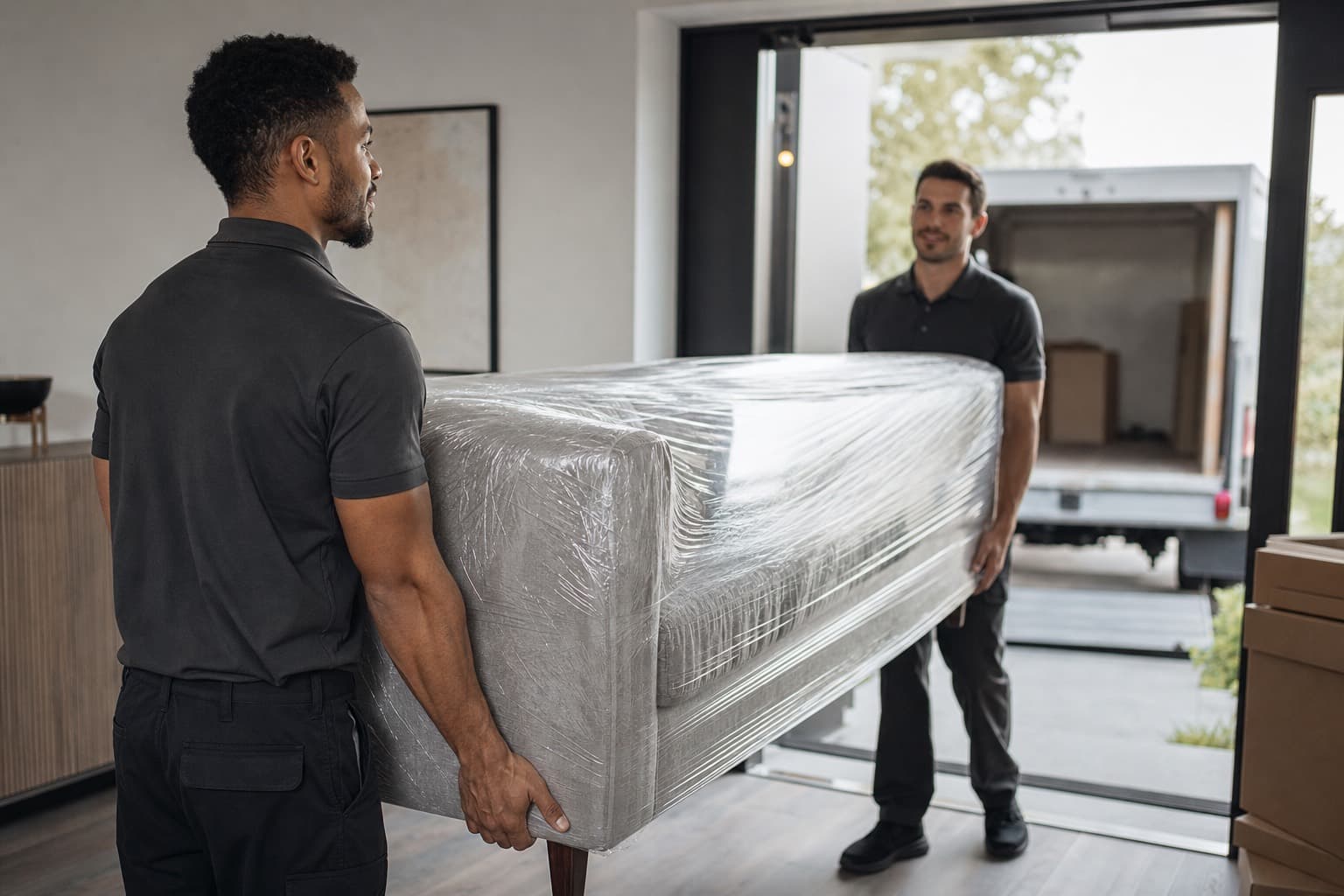 Two movers carrying a wrapped sofa out through a wide doorway toward a waiting truck