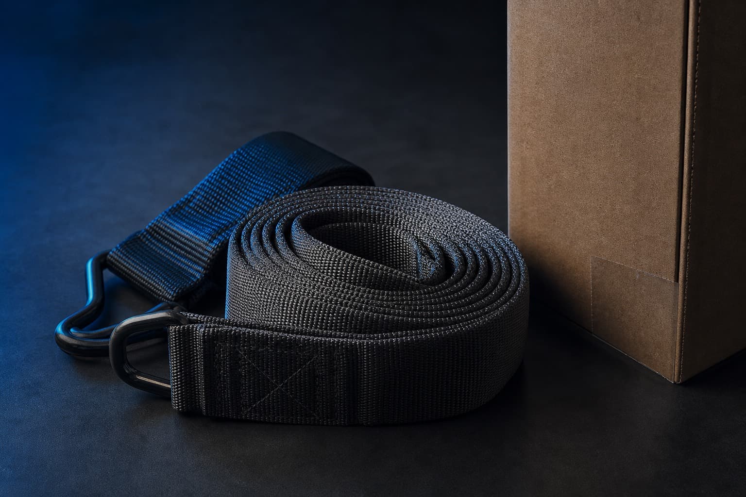 Coiled moving straps beside a packing carton