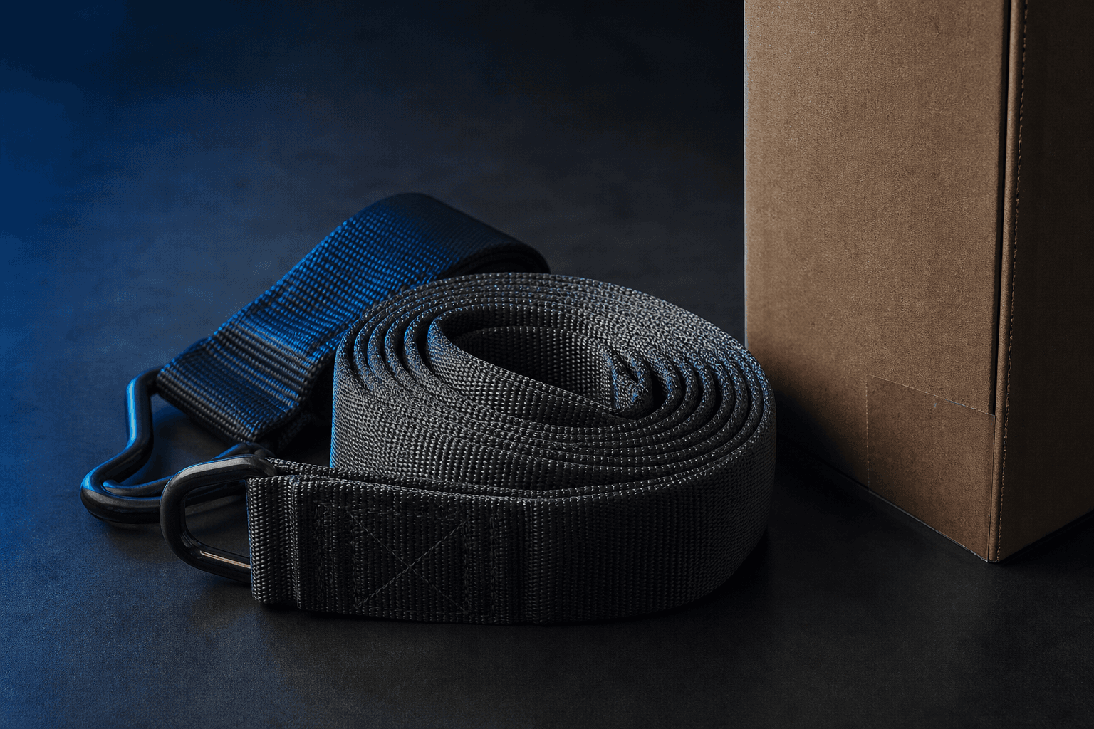 Coiled moving straps beside a packing carton