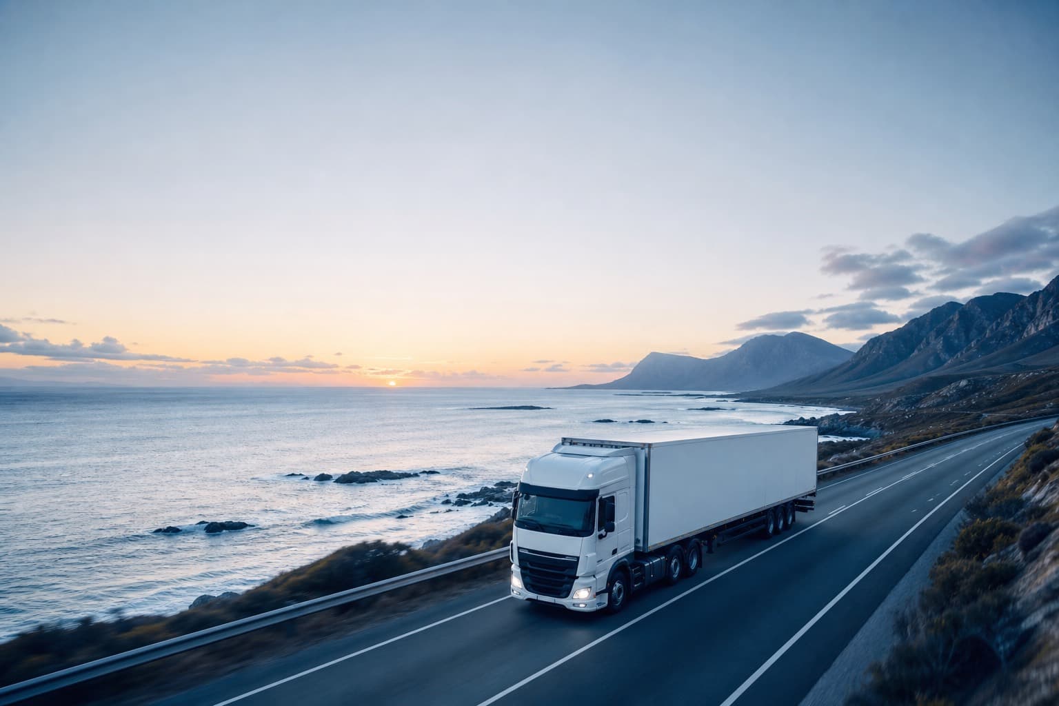 A long haul tractor trailer running an open highway