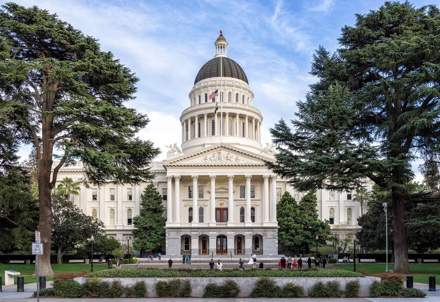 The white dome and columned front of the California State Capitol between two tall cedar trees, seen from 10th Street
